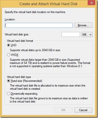 Creating a Standalone VHD-Specify Location_Size_Format_Disk Type