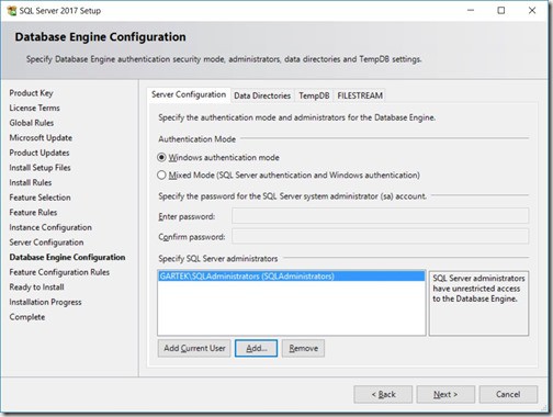 SQL Server 2017 - Database Engine Configuration Node-Next