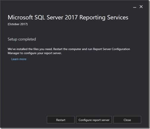 SQL Server Reporting Services 2017 - Setup Completed
