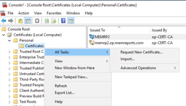 using the right-click menus to request new certificate