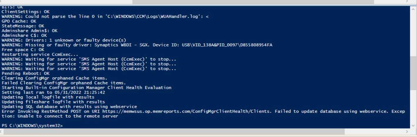 Show the ConfigMgr Client Health script running in PowerShell