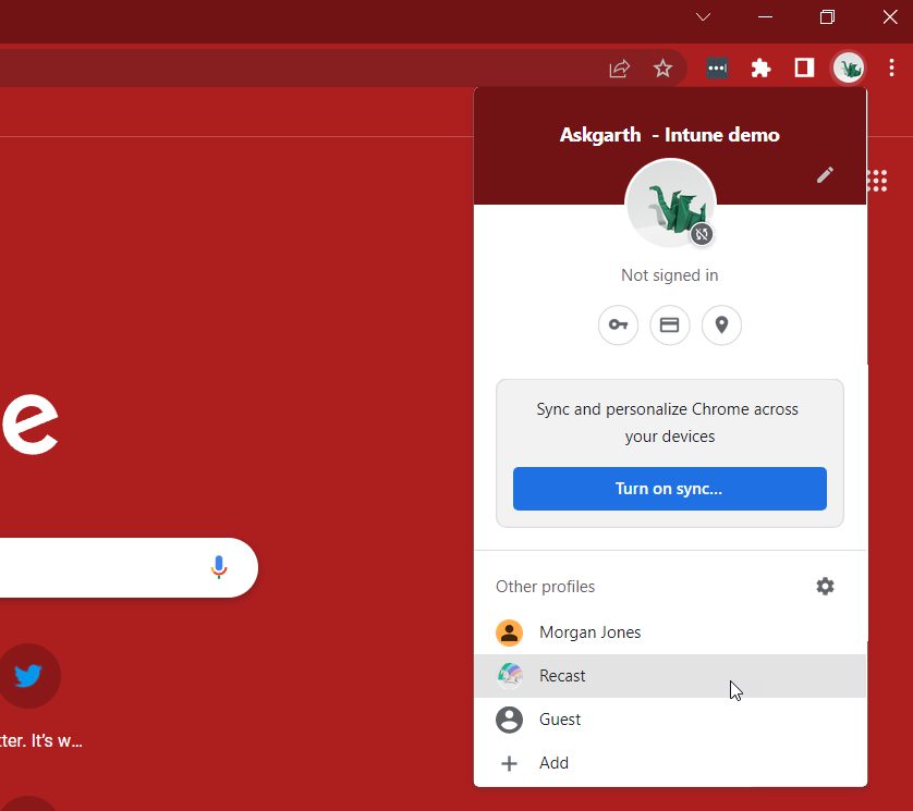 Changing to another profile within an existing Chrome window. 