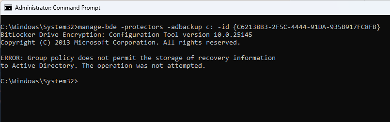 GPO blocking you from manually backup BitLocker recovery key to AD