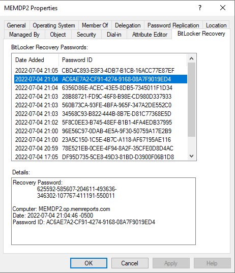 Querying AD computer for BitLocker Details using ADUC.