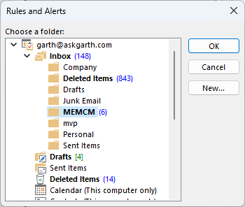 Selecting the folder for the outlook email rule to use