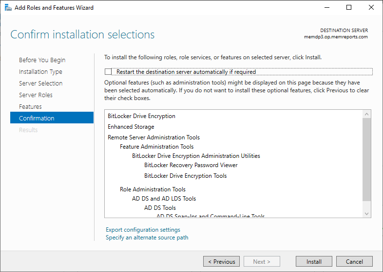 Stating the install of enabling BitLocker on a Windows Server screen