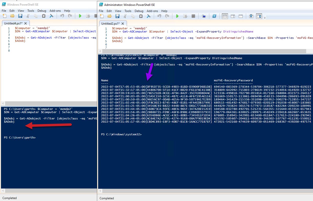 Use Elevated PowerShell to Querying AD computer for BitLocker Details..