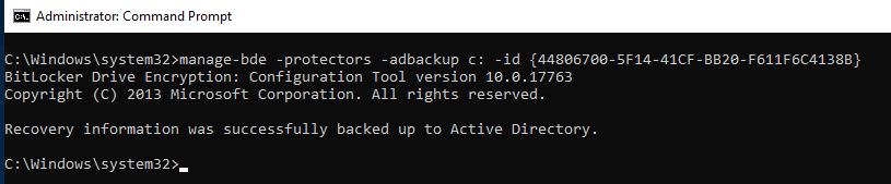 Using manage-bde to manually backup BitLocker recovery key to AD