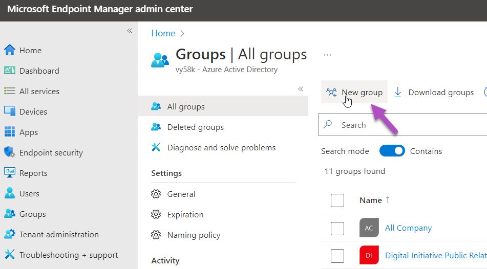 Creating a new Azure Group for Intune Data Warehouse Readers 