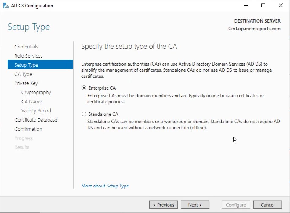 Select Enterprise CA for Configure AD Certificate Server