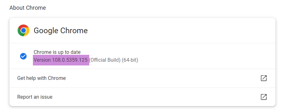 Chrome showing the version numbers