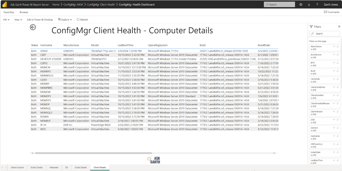 Power BI ConfigMgr Client Health - Device Details tab.