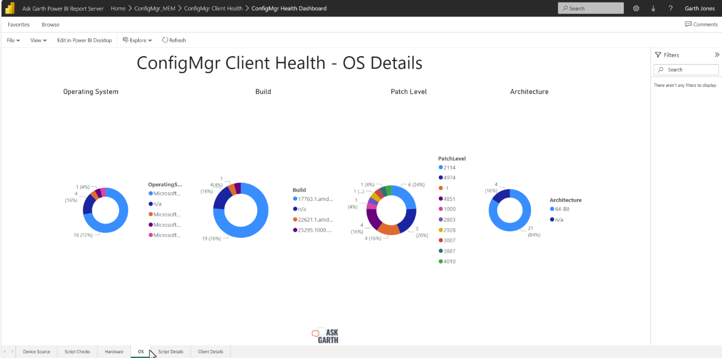Power BI ConfigMgr Client Health - OS details tab.