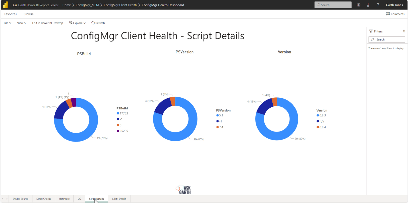 Power BI ConfigMgr Client Health - Script details tab.