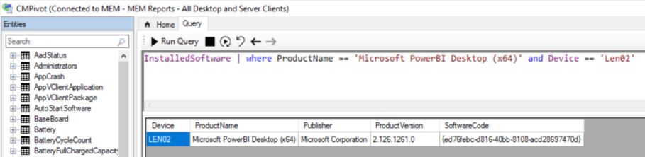 Results filter by both product name and device name on a CMPivot collection query. 
